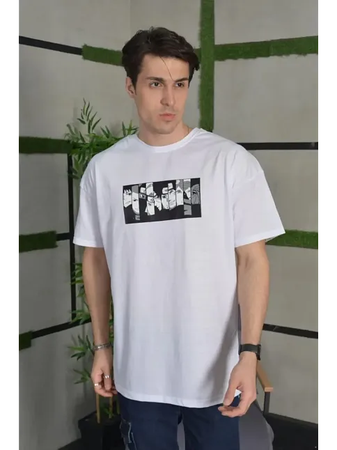 Erkek Kısa Kol Yazlık Tişört Bisiklet Yaka Baskılı Oversize T-shirt - Beyaz