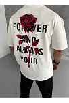 Erkek Kısa Kol Tişört Bisiklet Yaka Gül Baskılı Oversize T-shirt - Beyaz
