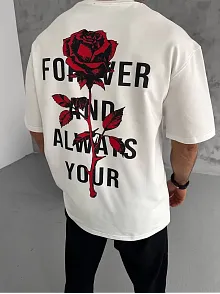Erkek Kısa Kol Tişört Bisiklet Yaka Gül Baskılı Oversize T-shirt - Beyaz
