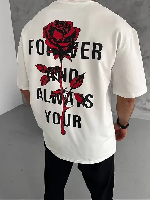 Erkek Kısa Kol Tişört Bisiklet Yaka Gül Baskılı Oversize T-shirt - Beyaz