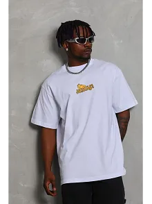 Erkek Kısa Kol Yazlık Tişört Bisiklet Yaka Baskılı Oversize T-shirt - Beyaz