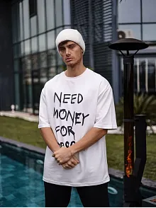 Erkek Kısa Kol Yazlık Tişört Bisiklet Yaka Baskılı Oversize T-shirt - Beyaz