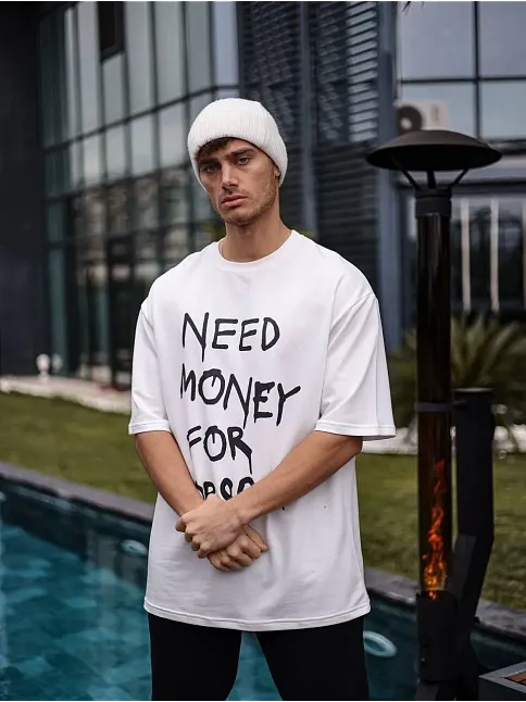 Erkek Kısa Kol Yazlık Tişört Bisiklet Yaka Baskılı Oversize T-shirt - Beyaz