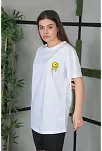 Kadın Bisiklet Yaka Baskılı Kısa Kol Oversize T-shirt - Beyaz