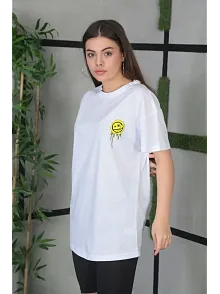 Kadın Bisiklet Yaka Baskılı Kısa Kol Oversize T-shirt - Beyaz