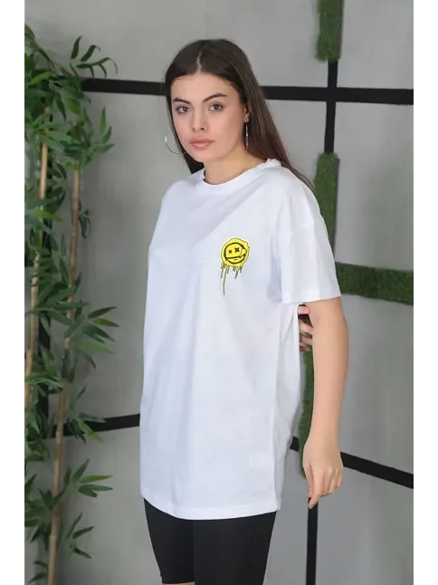 Kadın Bisiklet Yaka Baskılı Kısa Kol Oversize T-shirt - Beyaz