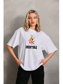 Kadın Baskılı T-shirt Kısa Kol Bisiklet Yaka Oversize Rahat Kalıp Günlük Tişört   - Beyaz