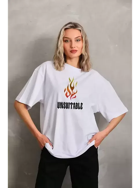 Kadın Baskılı T-shirt Kısa Kol Bisiklet Yaka Oversize Rahat Kalıp Günlük Tişört   - Beyaz