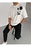 Erkek Kısa Kol Tişört Bisiklet Yaka Gül Baskılı Oversize T-shirt - Beyaz
