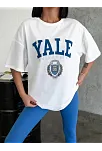 Kadın Kısa Kol Yazlık Tişört Bisiklet Yaka Yale Baskılı T-shirt - Beyaz