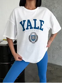 Kadın Kısa Kol Yazlık Tişört Bisiklet Yaka Yale Baskılı T-shirt - Beyaz