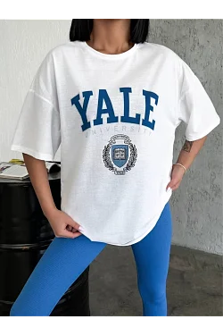 Kadın Kısa Kol Yazlık Tişört Bisiklet Yaka Yale Baskılı T-shirt - Beyaz Kadın Kısa Kol Yazlık Tişört Bisiklet Yaka Yale Baskılı T-shirt - Beyaz
