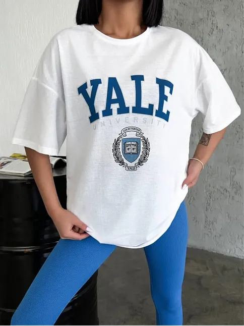 Kadın Kısa Kol Yazlık Tişört Bisiklet Yaka Yale Baskılı T-shirt - Beyaz