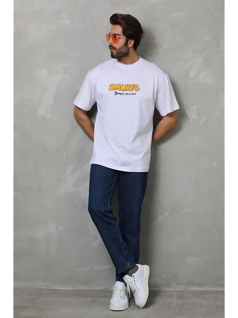 Erkek Kısa Kol Yazlık Tişört Bisiklet Yaka Baskılı Oversize T-shirt - Beyaz