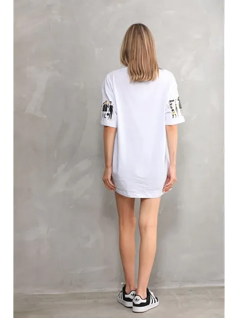 Kadın Bisiklet Yaka Baskılı Oversize T-shirt - Beyaz