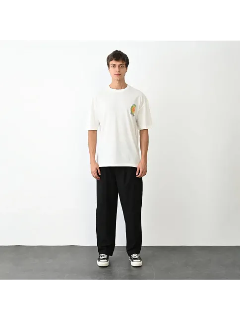 Erkek Kısa Kol Yazlık Tişört Bisiklet Yaka Baskılı Oversize T-shirt - Beyaz