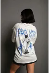 Kadın Bisiklet Yaka Baskılı Oversize Kısa Kol  T-shirt - Beyaz