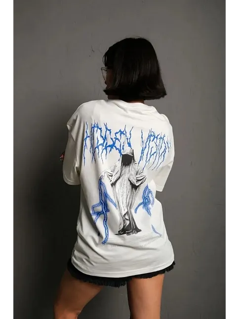 Kadın Bisiklet Yaka Baskılı Oversize Kısa Kol  T-shirt - Beyaz