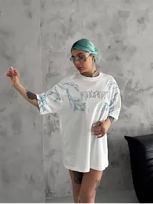Kadın Tişort Bisiklet Yaka Yıldırım Şimşek Baskılı Kısa Kol T-shirt - Beyaz