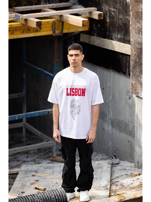 Erkek Kısa Kol Yazlık Tişört Bisiklet Yaka Baskılı Oversize T-shirt - Beyaz