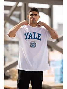 Erkek Kısa Kol Yazlık Tişört Bisiklet Yaka Yale Baskılı  T-shirt - Beyaz