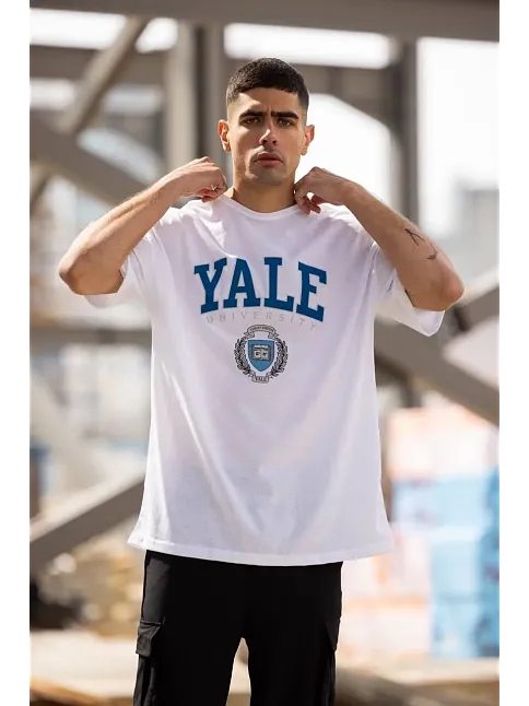 Erkek Kısa Kol Yazlık Tişört Bisiklet Yaka Yale Baskılı  T-shirt - Beyaz