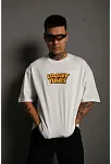 Erkek Bisiklet Yaka Baskılı Oversize Kısa Kol T-shirt - Beyaz
