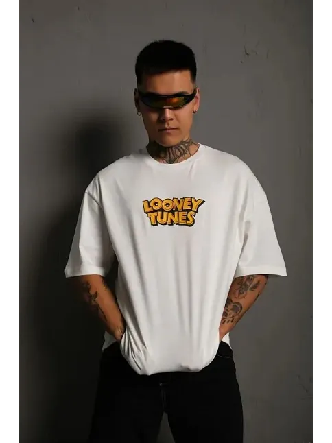 Erkek Bisiklet Yaka Baskılı Oversize Kısa Kol T-shirt - Beyaz