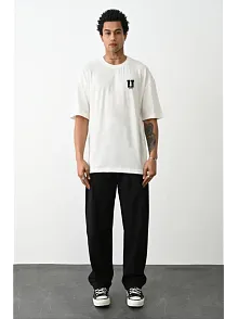 Erkek Kısa Kol Yazlık Tişört Bisiklet Yaka Baskılı Oversize T-shirt - Beyaz