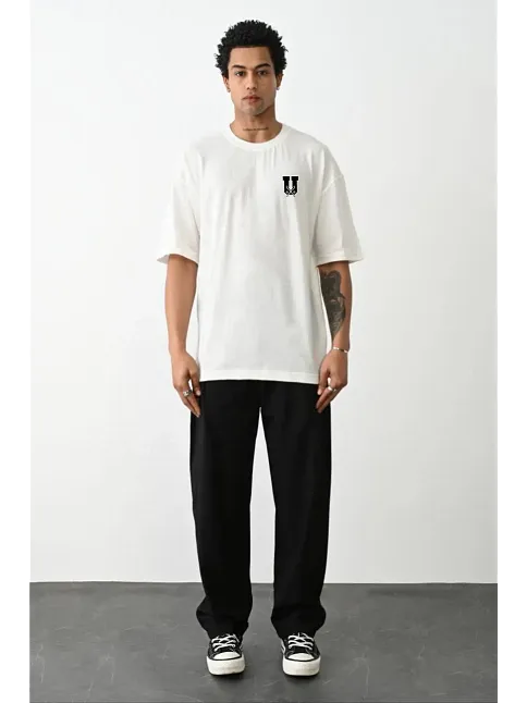 Erkek Kısa Kol Yazlık Tişört Bisiklet Yaka Baskılı Oversize T-shirt - Beyaz