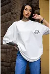 Kadın Tişort Bisiklet Yaka Baskılı Yazlık Kısa Kol Oversize T-shirt - Beyaz