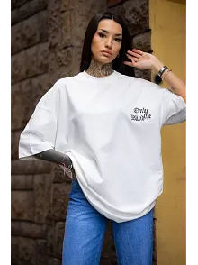 Kadın Tişort Bisiklet Yaka Baskılı Yazlık Kısa Kol Oversize T-shirt - Beyaz