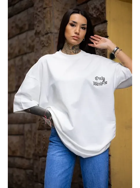 Kadın Tişort Bisiklet Yaka Baskılı Yazlık Kısa Kol Oversize T-shirt - Beyaz