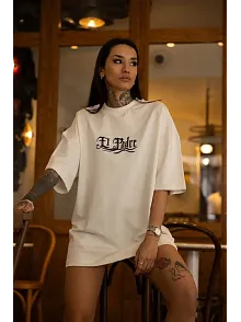 Kadın Bisiklet Yaka Baskılı  Kısa Kol Oversize T-shirt - Beyaz