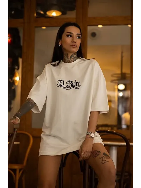 Kadın Bisiklet Yaka Baskılı  Kısa Kol Oversize T-shirt - Beyaz
