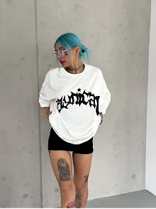 Kadın Bisiklet Yaka Baskılı Oversize  Kısa Kol T-shirt - Beyaz