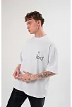 Erkek Kısa Kol Yazlık Tişört Bisiklet Yaka Baskılı Oversize T-shirt - Beyaz