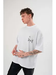 Erkek Kısa Kol Yazlık Tişört Bisiklet Yaka Baskılı Oversize T-shirt - Beyaz