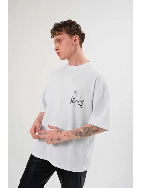 Erkek Kısa Kol Yazlık Tişört Bisiklet Yaka Baskılı Oversize T-shirt - Beyaz