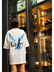 Kadın Bisiklet Yaka Baskılı Oversize  Kısa Kol T-shirt - Beyaz