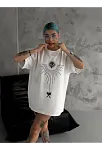 Kadın Bisiklet Yaka Baskılı Oversize  Kısa Kol T-shirt - Beyaz