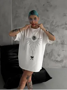 Kadın Bisiklet Yaka Baskılı Oversize  Kısa Kol T-shirt - Beyaz