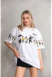 Kadın Bisiklet Yaka Baskılı Oversize T-shirt - Beyaz