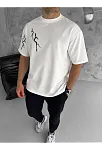 Erkek Kısa Kol Tişört Bisiklet Yaka Yıldırım Baskılı Oversize T-shirt - Beyaz