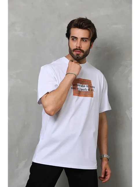 Erkek Baskılı T-shirt Kısa Kol Bisiklet Yaka Regular Fit Rahat Kalıp Tişört -  Beyaz