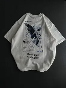 Kadın Baskılı T-shirt Kısa Kol Bisiklet Yaka Oversize Rahat Kalıp Günlük Tişört   - Beyaz