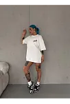 Kadın Bisiklet Yaka Baskılı Kısa Kol Oversize T-shirt - Beyaz