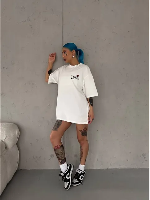 Kadın Bisiklet Yaka Baskılı Kısa Kol Oversize T-shirt - Beyaz