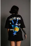 Kadın Bisiklet Yaka Baskılı Oversize Kısa Kol T-shirt - Siyah