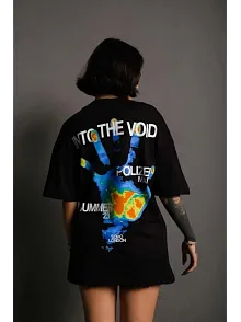 Kadın Bisiklet Yaka Baskılı Oversize Kısa Kol T-shirt - Siyah
